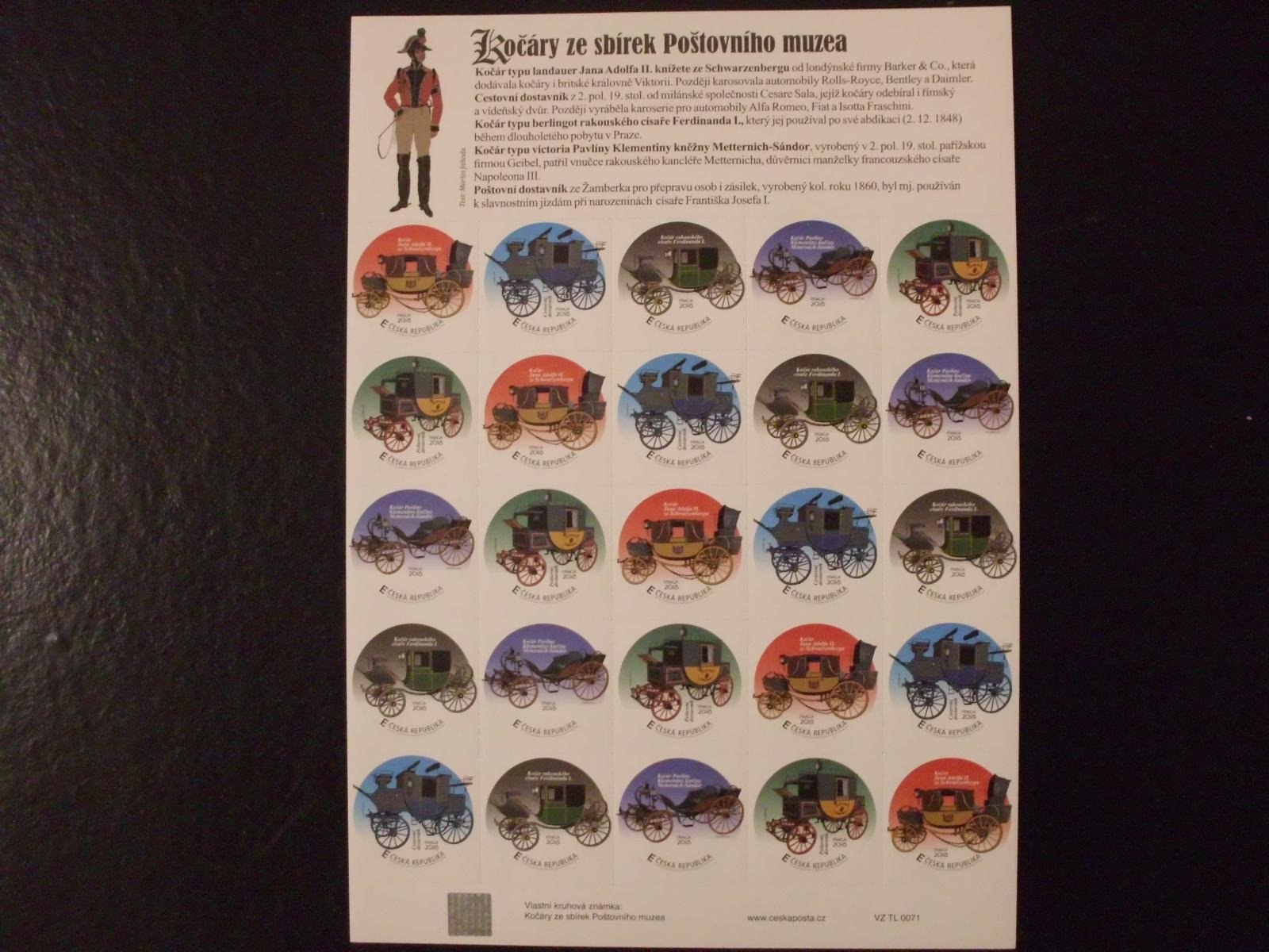 ČR Vlastní známky VZ TL 0071 Kočáry ze sbírek Poštovního muzea 25 x E